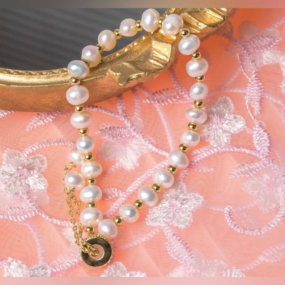 NWT Pearl Bracelet Chain Link Baroque Culture Bossimi 14K Gold Filled Adjustable